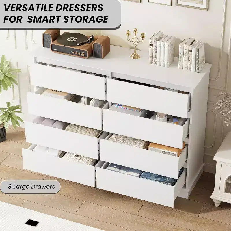 Opbergkast met 8 laden, ladekast met diepe laden, grote brede kast met bovenblad voor woonkamer, hal of kinderkamer