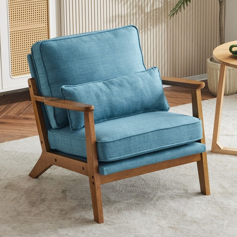 Polster-Sessel aus Leinenmischgewebe mit Holzbeinen und einem Kissen, Beige