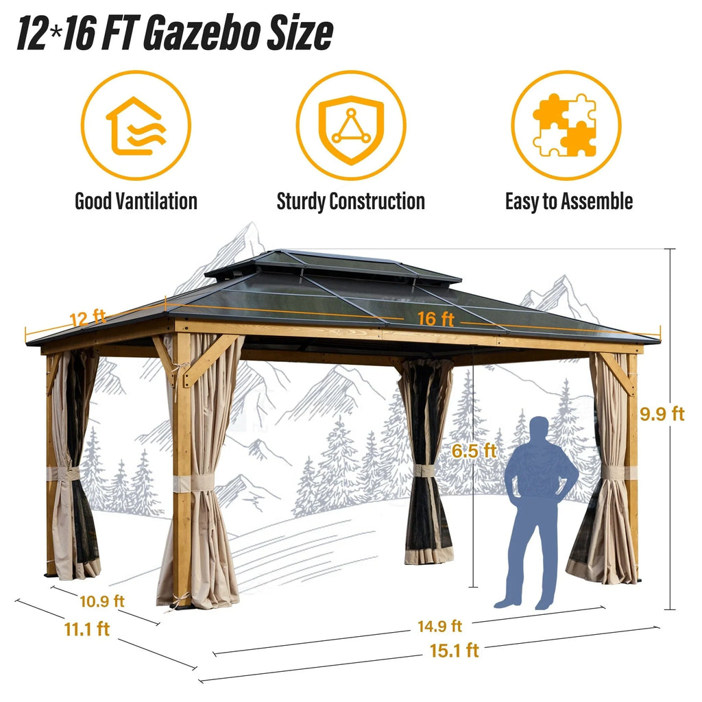 EROMMY Pavillon mit festem Dach, Outdoor-Pergola mit Doppeldach, Netzvorhängen und Vorhängen, robustes Vordach für Terrasse, Garten und Poolpartys