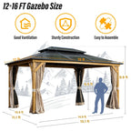 EROMMY Pavillon mit festem Dach, Outdoor-Pergola mit Doppeldach, Netzvorhängen und Vorhängen, robustes Vordach für Terrasse, Garten und Poolpartys