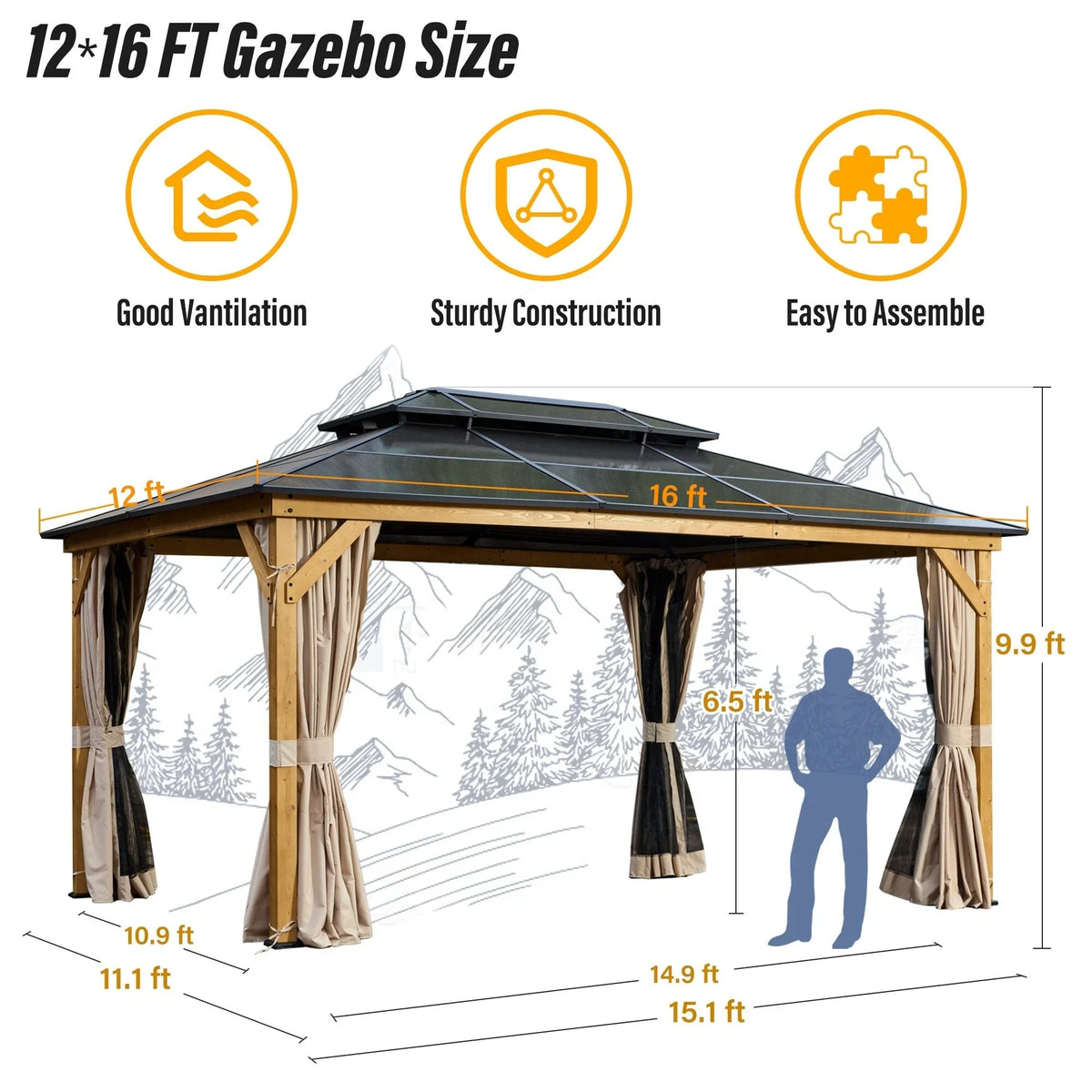 EROMMY Pavillon mit festem Dach, Outdoor-Pergola mit Doppeldach, Netzvorhängen und Vorhängen, robustes Vordach für Terrasse, Garten und Poolpartys
