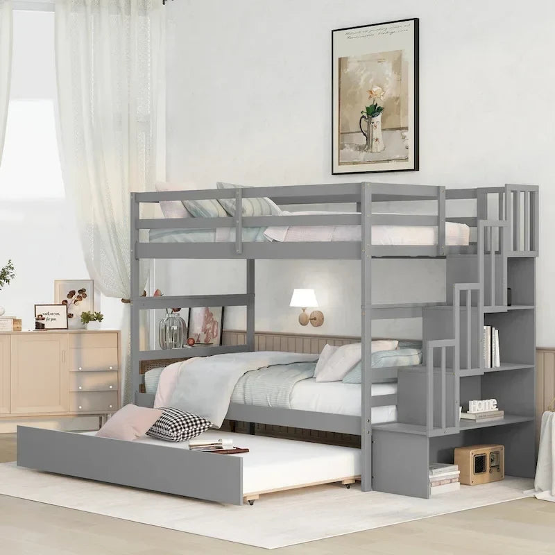 Lits superposés jumeaux avec lit gigogne jumeau et rangements dans l’escalier, coloris gris