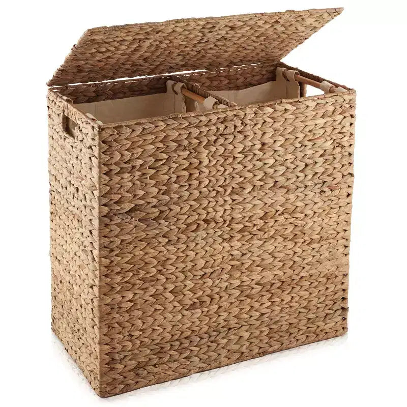 Panier à linge Casafield à 2 compartiments avec couvercle et sacs doublures amovibles, trieur de linge tressé en jacinthe d’eau pour vêtements