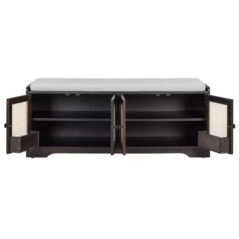 Banc de rangement rustique en bois Whisen, banc à chaussures pour entrée avec coussin amovible et étagères réglables
