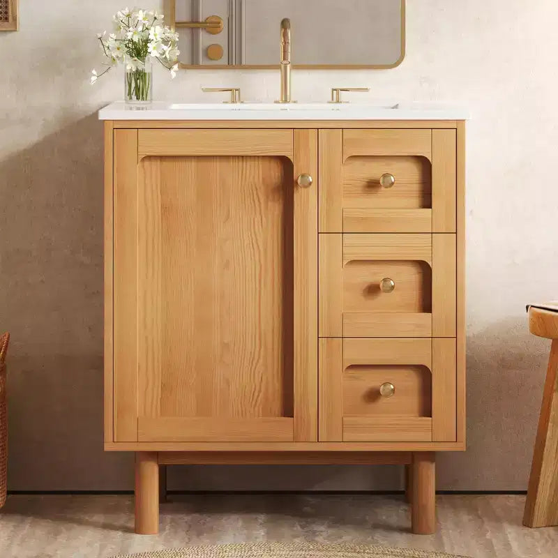 JVNOXK 30-inch rustiek-moderne keramische wastafelkast met 3 laden en 1 grote deur met softclose, opbergkast, natuurlijke houtnerf