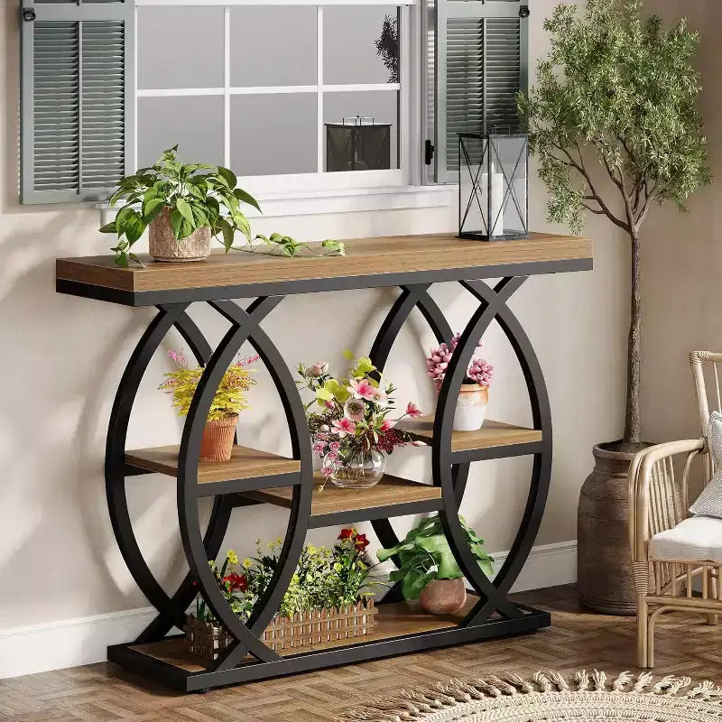 Lantine consoletafel van 39,4 inch, industriële banktafel met 4 niveaus voor entree, opbergplanken en metalen frame voor kleine ruimtes, gang, hal, bruin