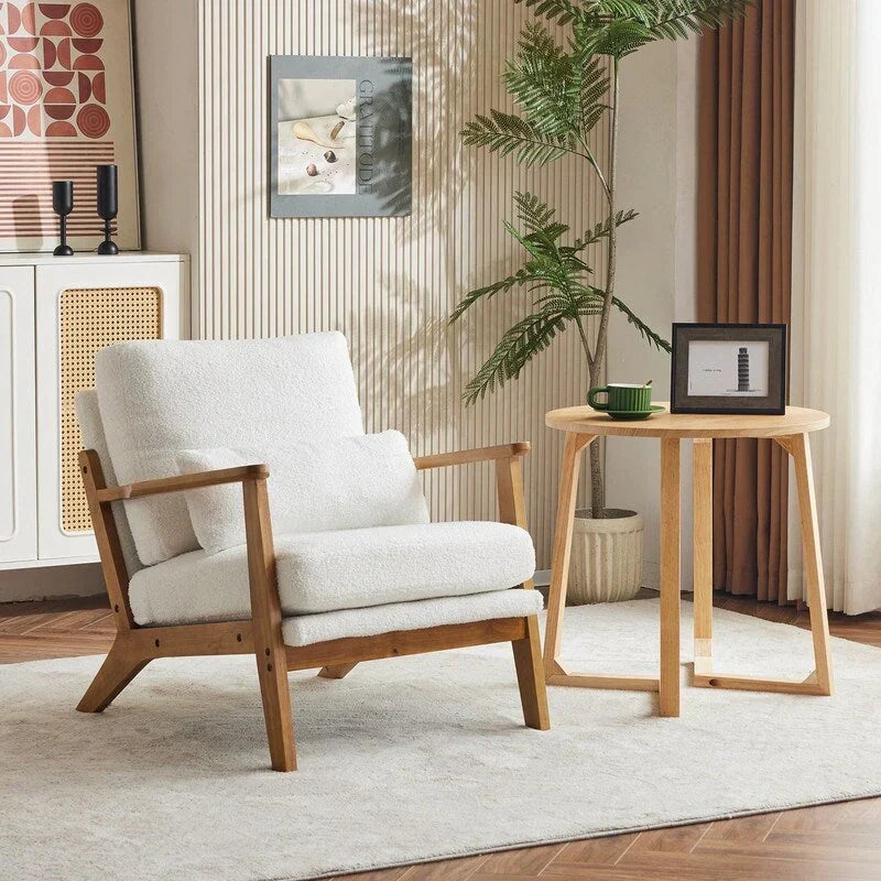 Polster-Sessel aus Leinenmischgewebe mit Holzbeinen und einem Kissen, Beige