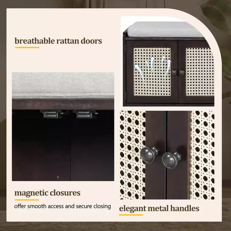 Banc de rangement rustique en bois Whisen, banc à chaussures pour entrée avec coussin amovible et étagères réglables