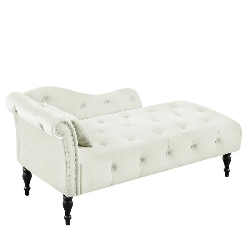 Chaise longue moderne de 60,6 po, capitonnée en velours avec boutons, pieds en bois massif et clous décoratifs