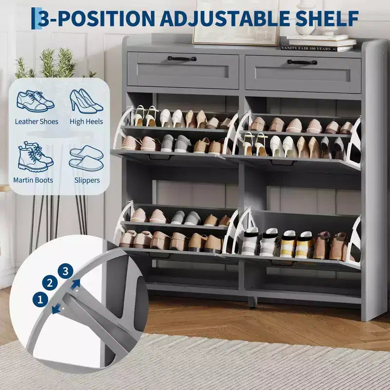 Meuble à chaussures avec 4 tiroirs basculants et 2 tiroirs supérieurs, meuble organiseur à chaussures en bois avec étagère réglable, meubles de rangement à chaussures autonomes