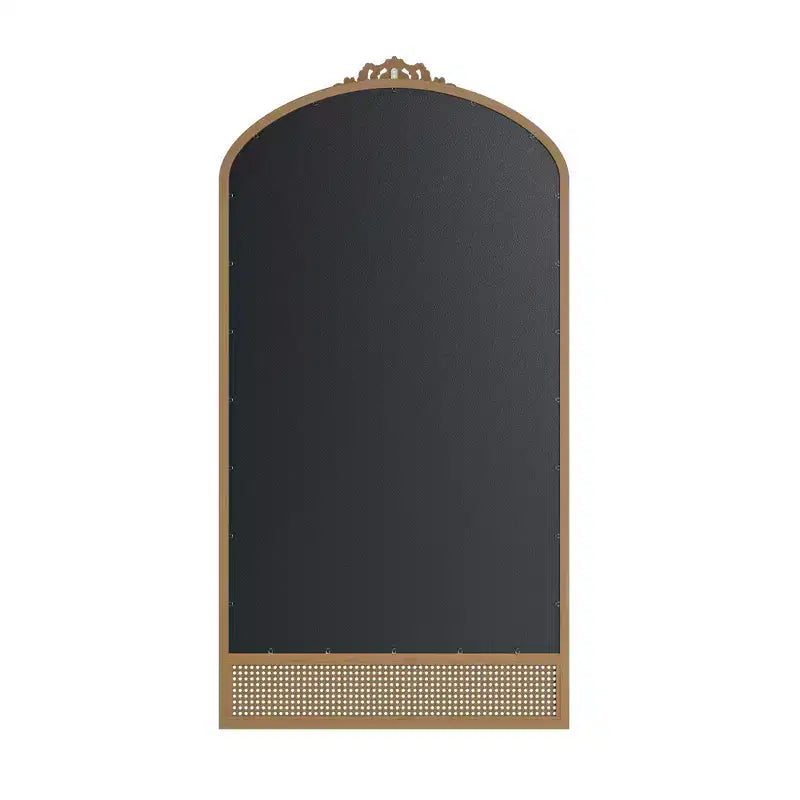 Miroir mural avec cadre en bois en forme d’arche classique sculptée et partie inférieure en rotin, marron, 37 in. W x 71 in. H
