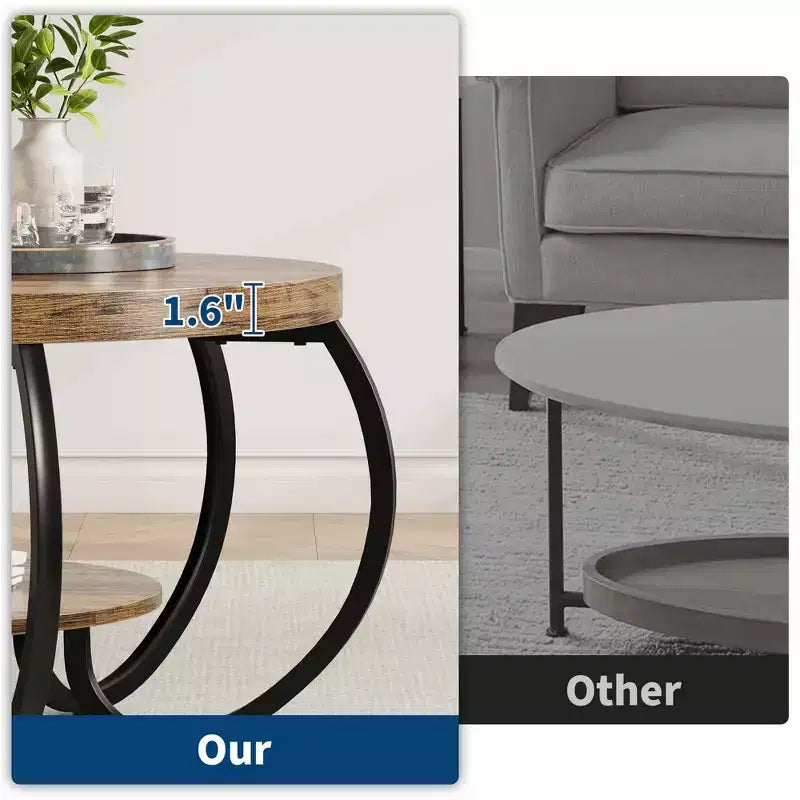 Runder industrieller Couchtisch mit 76 cm Durchmesser, 2 Ebenen, verstellbaren Füßen, Ablage in Holzoptik, Flammendesign, einfache Montage, Wohnzimmer