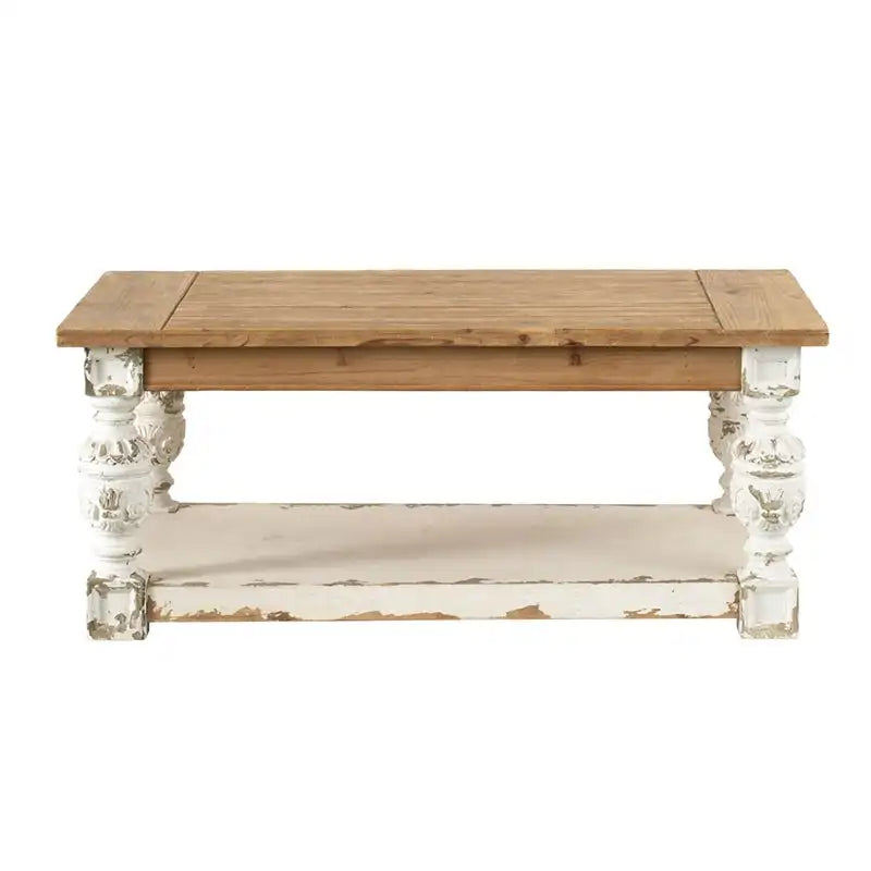 Table basse rectangulaire en bois blanc ancien patiné