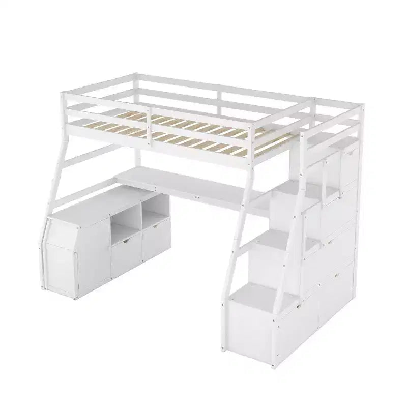 Hochbett in Einzelbettgröße mit 7 Schubladen, 2 Regalen, Schrank und Schreibtisch für Kinder und Jugendliche