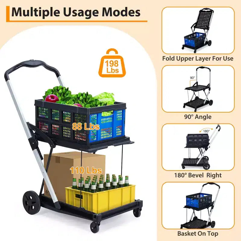 Chariots de courses pliants à 2 niveaux pour provisions, capacité de 198 lb, chariot à provisions pliable et portable avec roues et caisse amovible pour centre commercial et marché, bleu