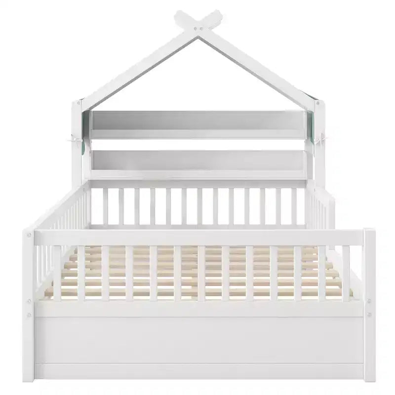 Lit cabane en bois ModernLuxe pour 1 ou 2 personnes avec tête de lit avec rangement, cadre de lit pour enfants en pin massif avec barrières de sécurité