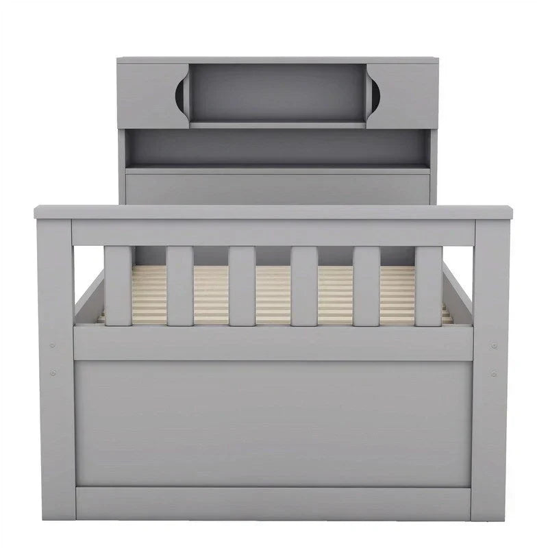 Lit plateforme de capitaine Twin/Full avec 4 tiroirs et étagères de rangement, structure en bois massif avec tête de lit bibliothèque et rangements