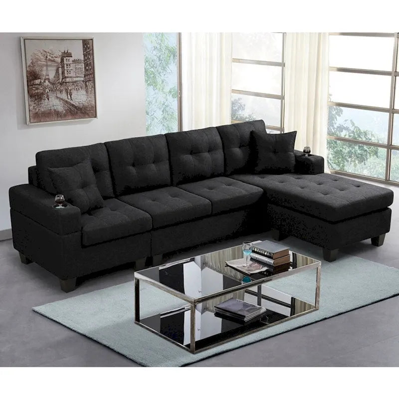 Ecksofa für das Wohnzimmer mit L-förmiger Chaiselongue und Getränkehalter