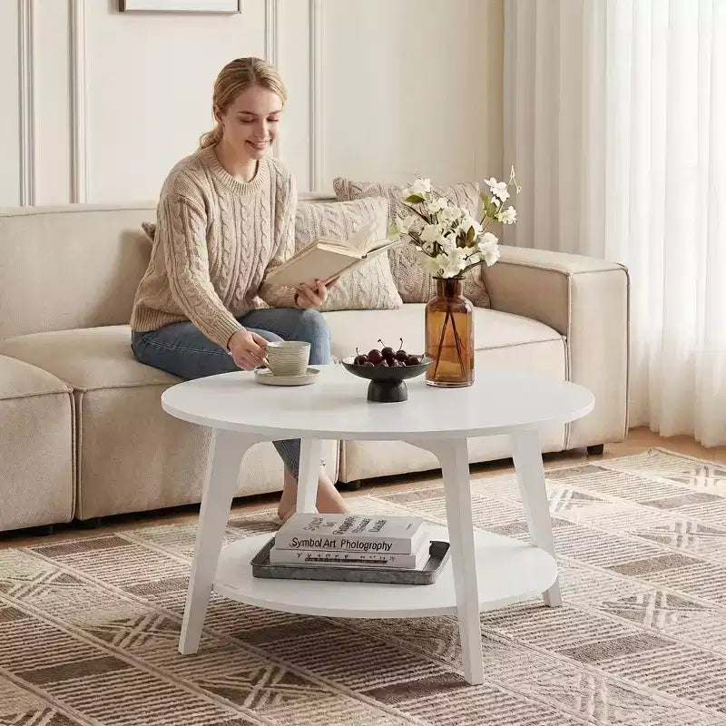 Honingbruine ronde salontafel met 2 opbergniveaus, 31,5 x 17,7 inch, ideaal voor de woonkamer