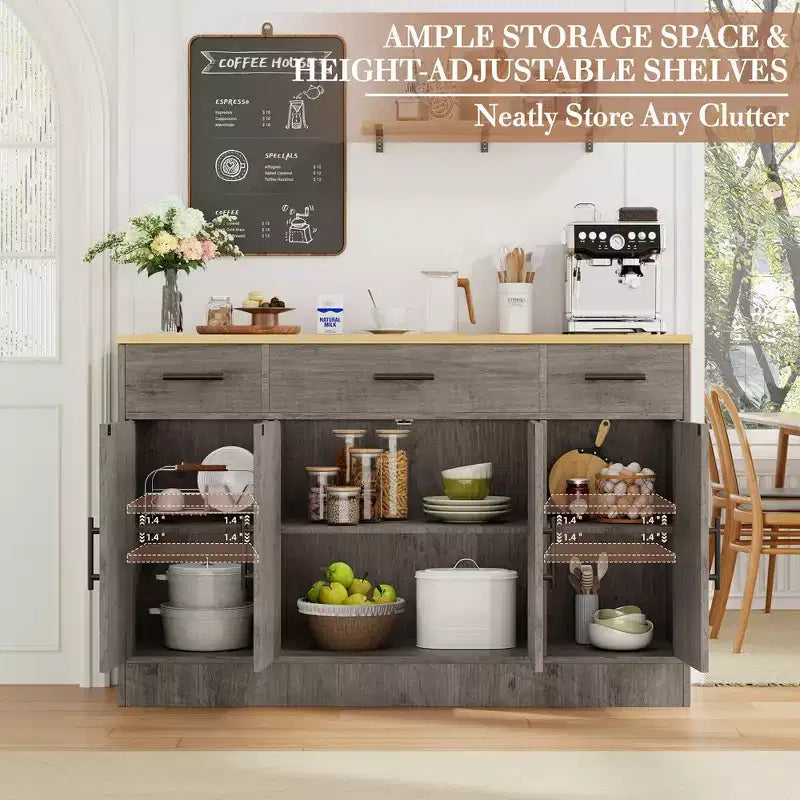 Buffet de rangement Celebalcony, grand meuble de cuisine de 53,4 pouces avec 3 tiroirs et 4 portes, étagère réglable pour la cuisine et le salon