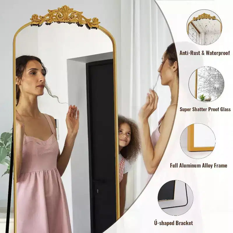 65x22 Arched Full Length Mirror Metal Vintage Mirror Baroque Style,Antique Gold