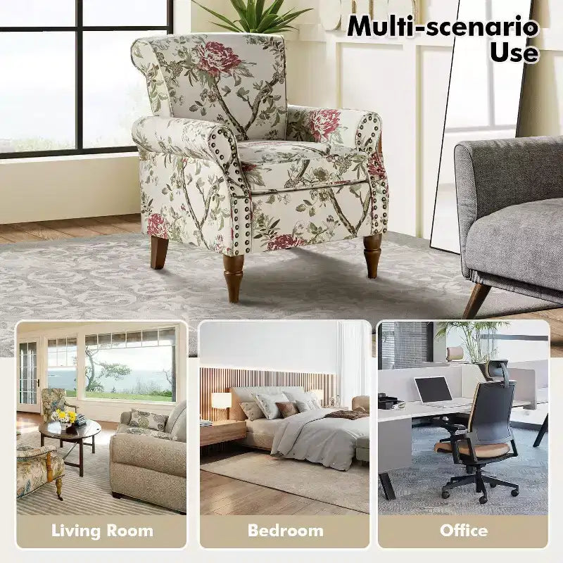 Fauteuil traditionnel Araceli en bois, rembourré à motif floral, avec dossier à oreilles et bordure cloutée| ART OF LIVING DESIGNS