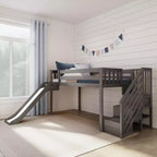 Niedriges Twin-Hochbett für Kinder mit Rutsche und Treppe, Massivholz, 14 Absturzsicherungen, Tragfähigkeit 400 lb