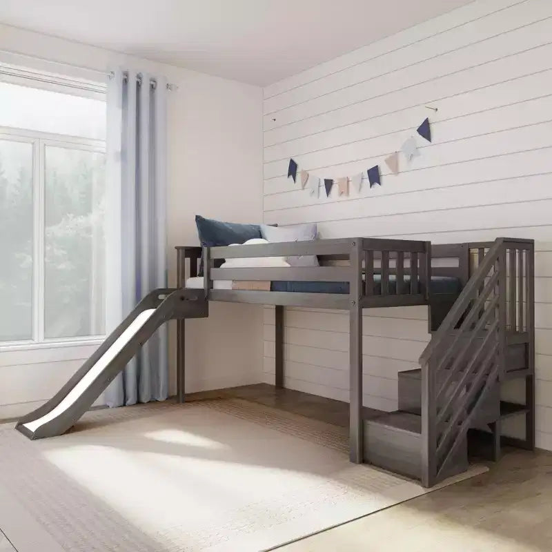 Niedriges Twin-Hochbett für Kinder mit Rutsche und Treppe, Massivholz, 14 Absturzsicherungen, Tragfähigkeit 400 lb