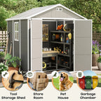 Opslagschuur van 6 ft x 4 ft/6 ft x 8 ft/8 ft x 6 ft/8 ft x 10 ft, weerbestendig kunststofhars voor buiten met vloer, gereedschapsschuur met puntdak