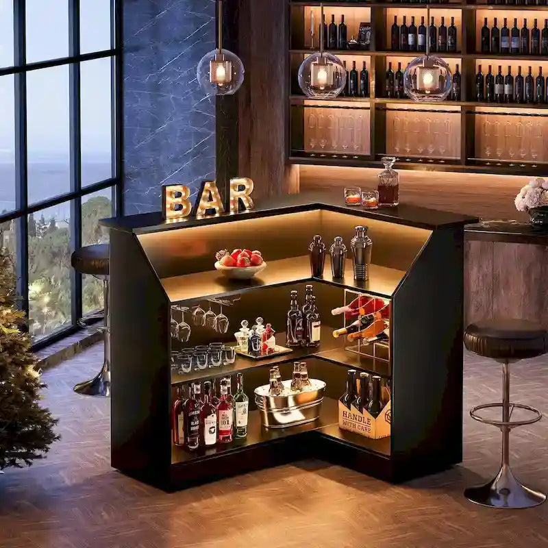 Meuble de bar en L avec porte-verres à pied pour bar à domicile