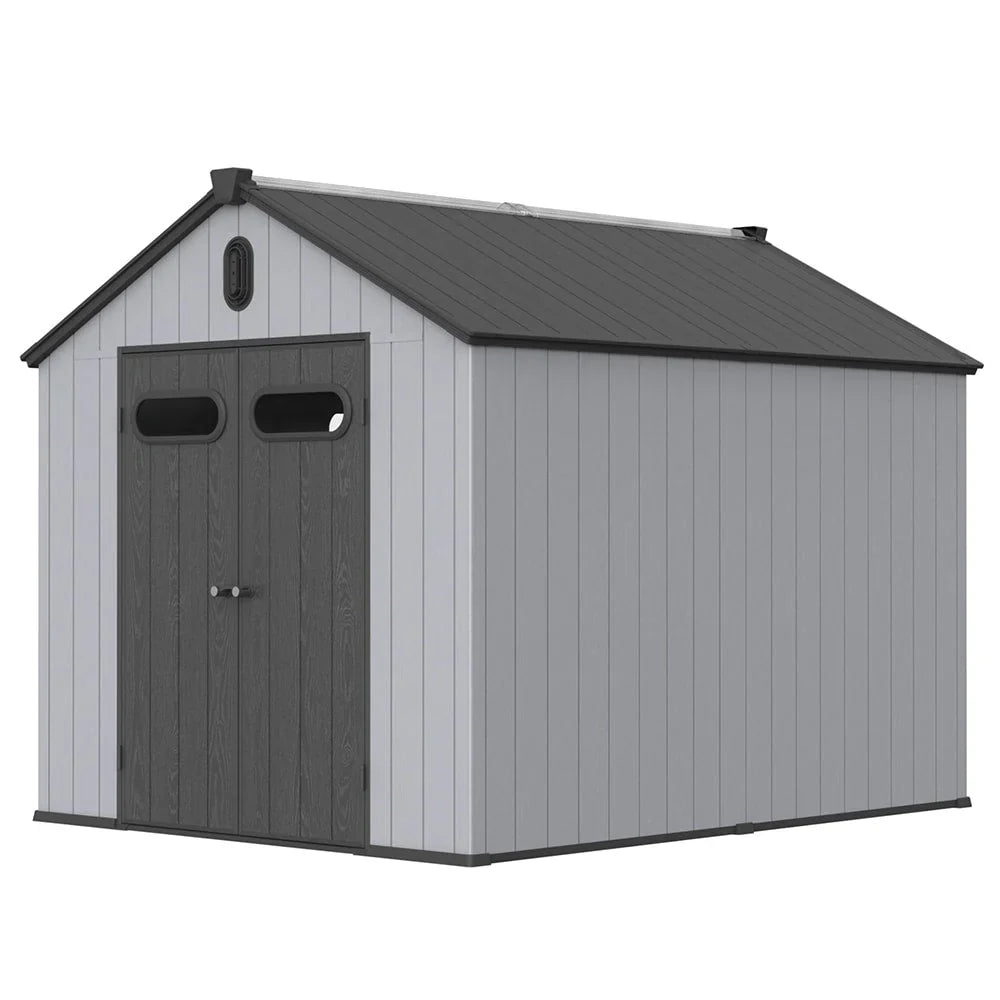 Opslagschuur van 6 ft x 4 ft/6 ft x 8 ft/8 ft x 6 ft/8 ft x 10 ft, weerbestendig kunststofhars voor buiten met vloer, gereedschapsschuur met puntdak