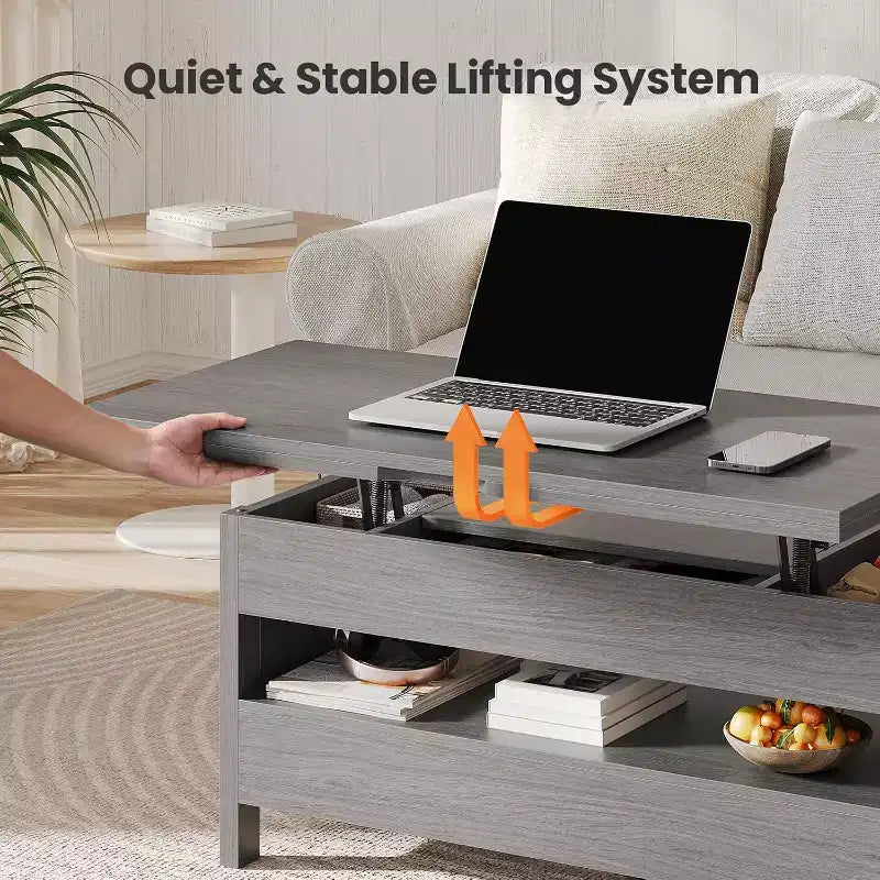 Salontafel met opklapbaar blad en opbergruimte, salontafel in landelijke stijl met twee laden voor de woonkamer en het thuiskantoor