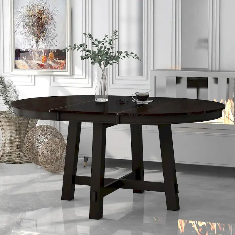 Table de salle à manger ronde extensible de style champêtre avec rallonge de 16 po, table de cuisine en bois
