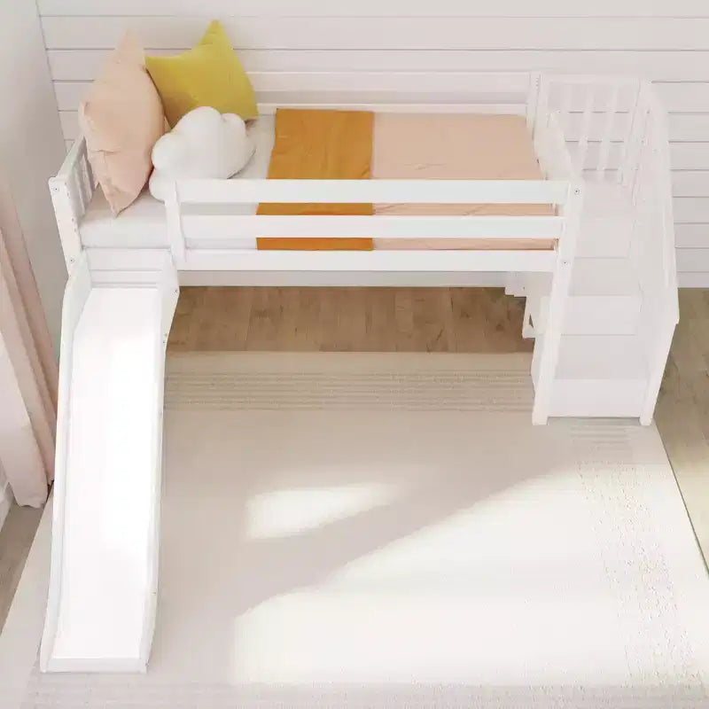 Niedriges Twin-Hochbett für Kinder mit Rutsche und Treppe, Massivholz, 14 Absturzsicherungen, Tragfähigkeit 400 lb