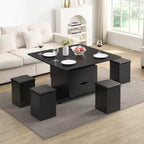 Table basse moderne multifonctionnelle relevable avec rangement dissimulé, 4 tabourets et roulettes, idéale pour les espaces de vie modernes