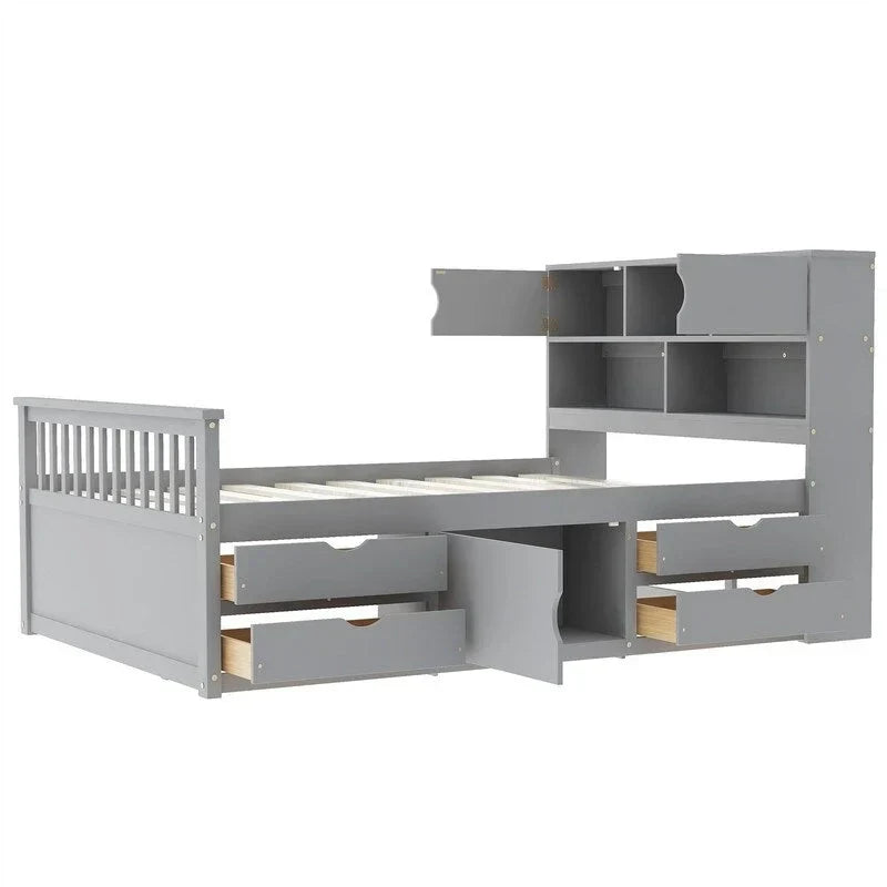 Lit plateforme de capitaine Twin/Full avec 4 tiroirs et étagères de rangement, structure en bois massif avec tête de lit bibliothèque et rangements