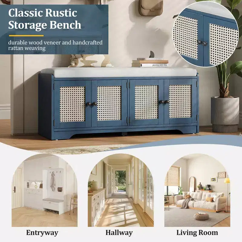 Banc de rangement rustique en bois Whisen, banc à chaussures pour entrée avec coussin amovible et étagères réglables
