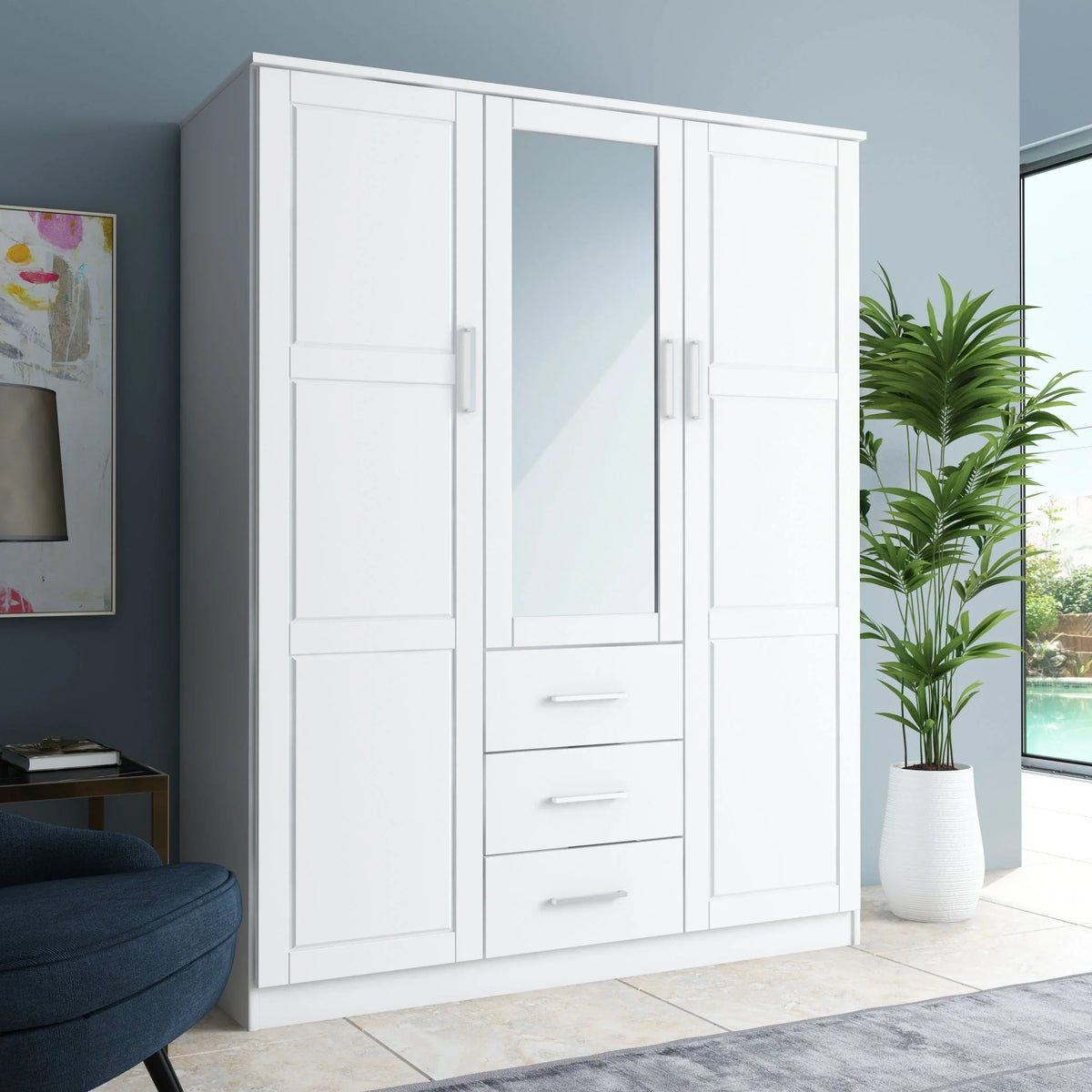 Palace Imports Cosmo 3-türiger Kleiderschrank aus 100 % Massivholz mit Türen aus Massivholz oder Spiegelglas