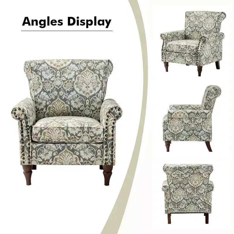 Fauteuil traditionnel Araceli en bois, rembourré à motif floral, avec dossier à oreilles et bordure cloutée| ART OF LIVING DESIGNS
