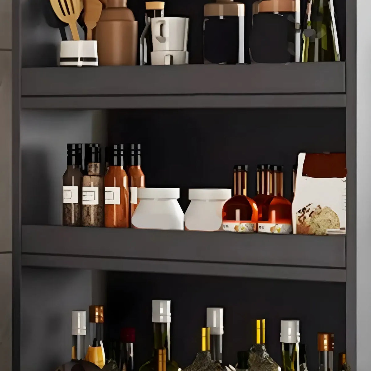 Moderner Buffetschrank aus Holz mit offenen Regalen und Rollen