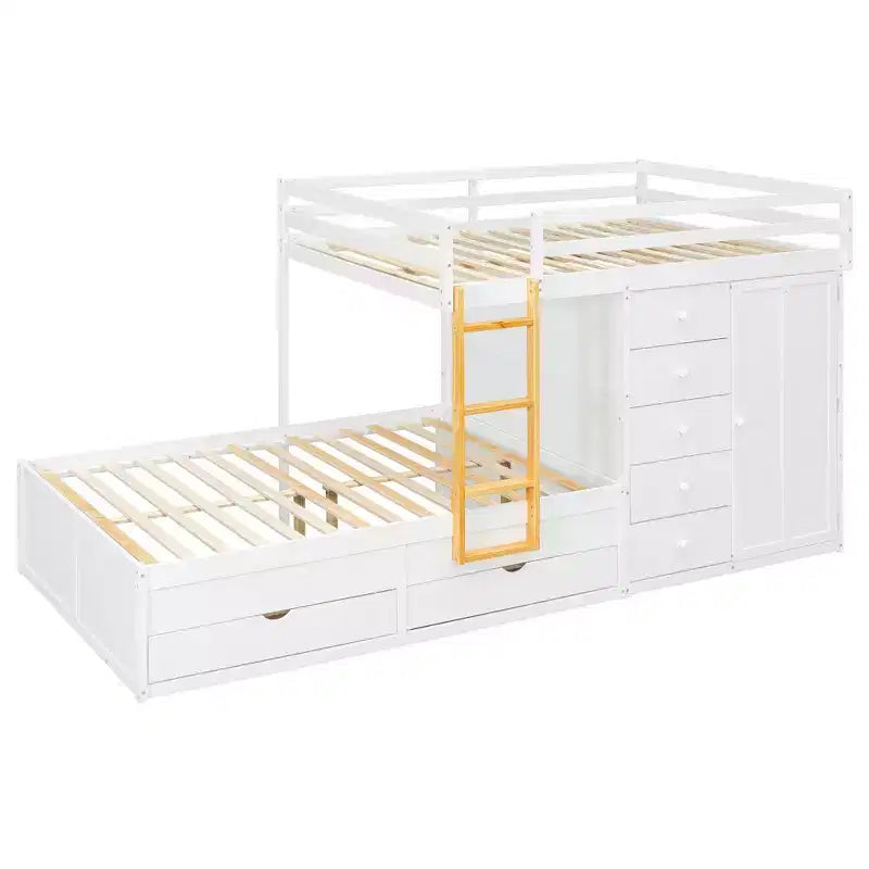 Lit superposé deux places sur deux places avec armoire de rangement et tiroirs, lit superposé en bois deux places gain de place avec barrière de sécurité pour appartement et chambre