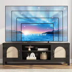 165 cm breiter TV-Schrank im Boho-Stil mit Flechttür – Unterhaltungsschrank aus Holz mit zwei Schränken und verstellbaren Einlegeböden, geeignet für Wohnzimmer