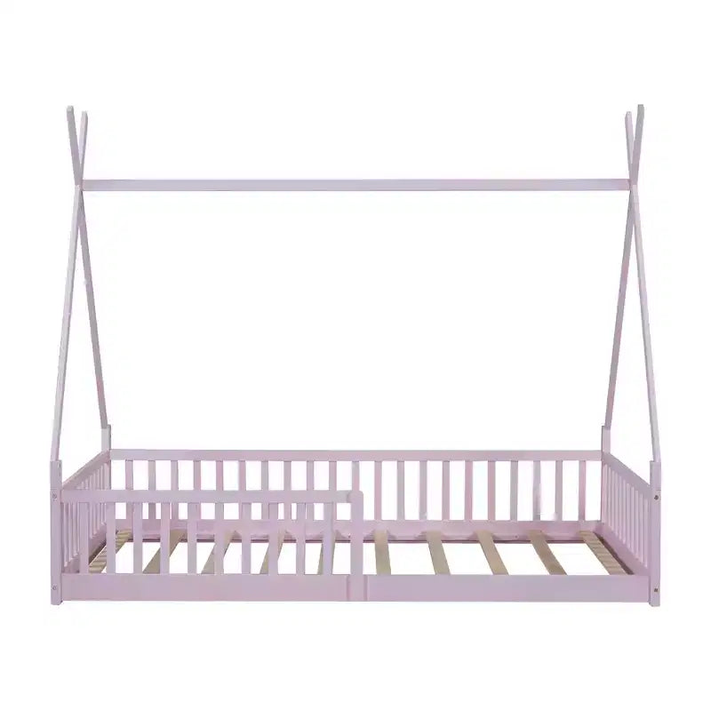 Bodenbett für Kinder, Zeltbett in Einzelgröße, Montessori-Bodenbett mit Lattenrost und Schutzgittern, Holzhaus-Bettrahmen für Jungen und Mädchen