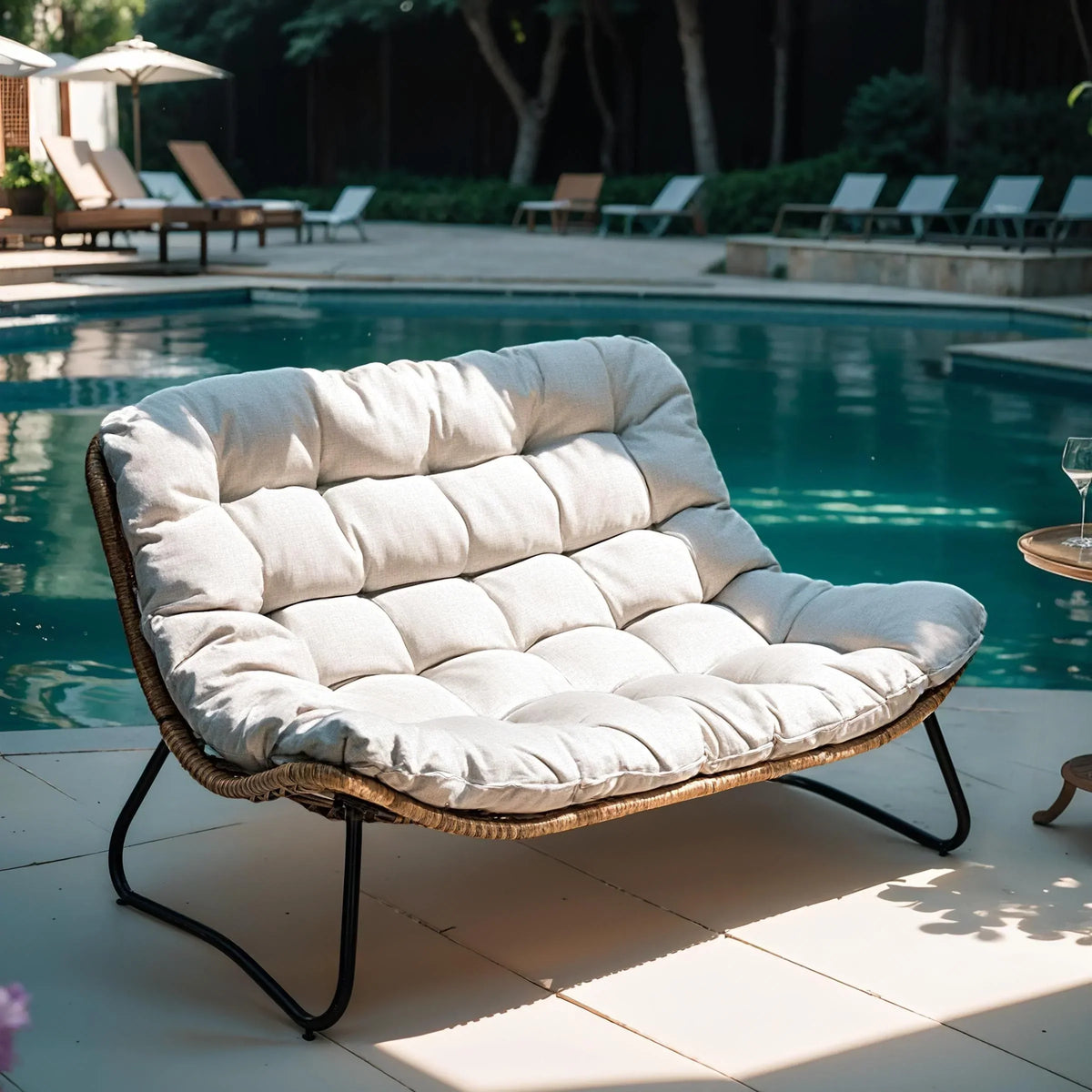 Fauteuil double Papasan avec coussin, rotin PE toutes saisons et structure en métal, pour intérieur et extérieur