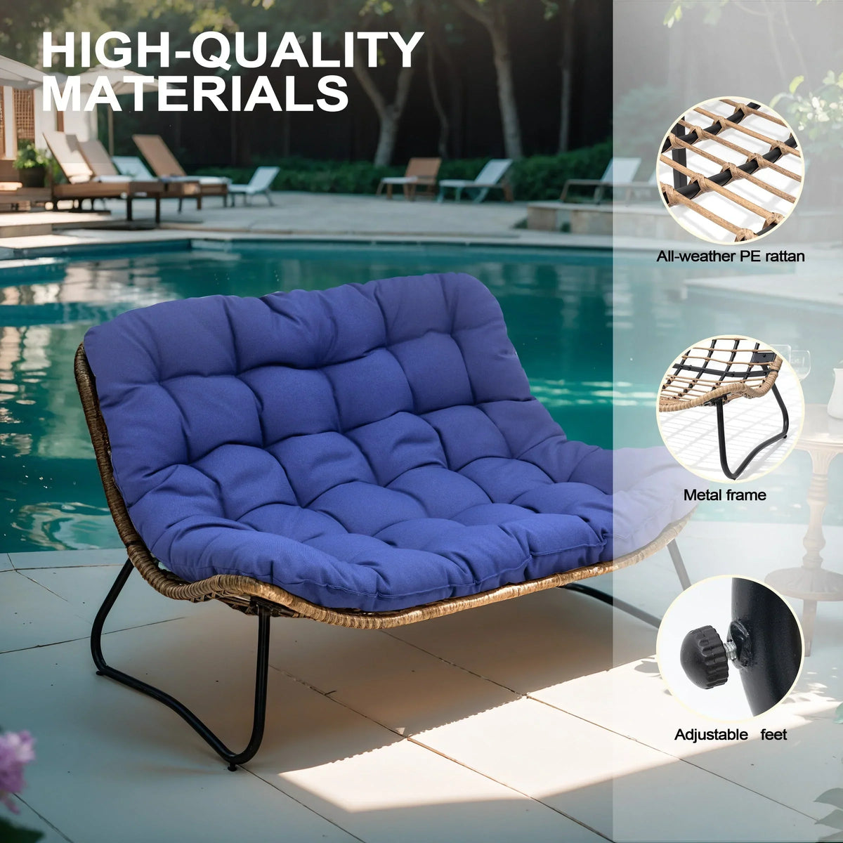Fauteuil double Papasan avec coussin, rotin PE toutes saisons et structure en métal, pour intérieur et extérieur