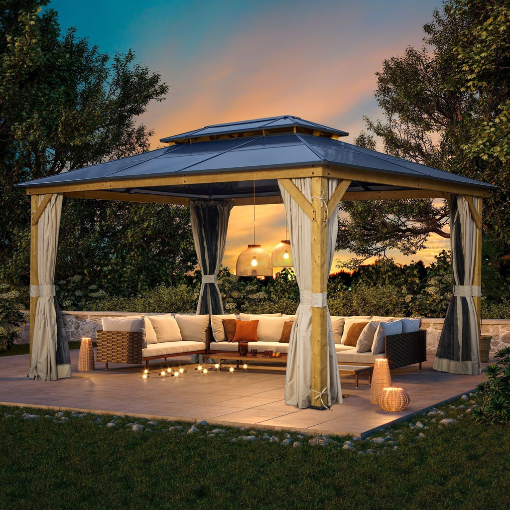 EROMMY Pavillon mit festem Dach, Outdoor-Pergola mit Doppeldach, Netzvorhängen und Vorhängen, robustes Vordach für Terrasse, Garten und Poolpartys