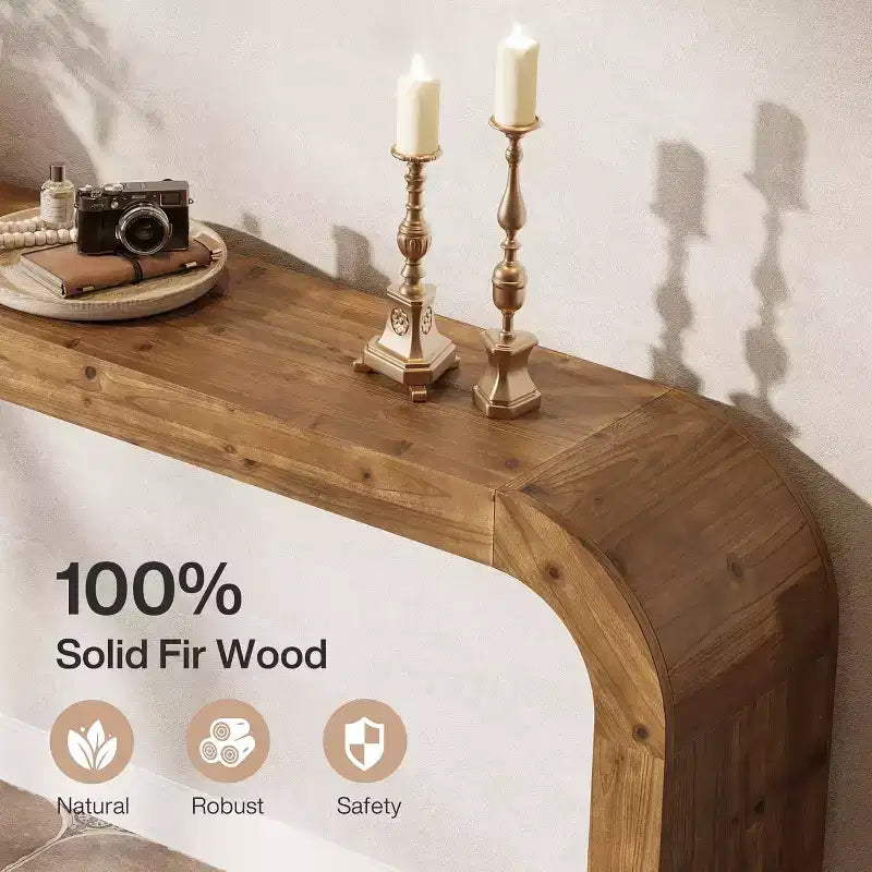Console de table Lantine de 70,87 pouces en bois massif, table de canapé de style champêtre avec angles en cascade pour couloir, salon ou derrière le canapé, bois naturel