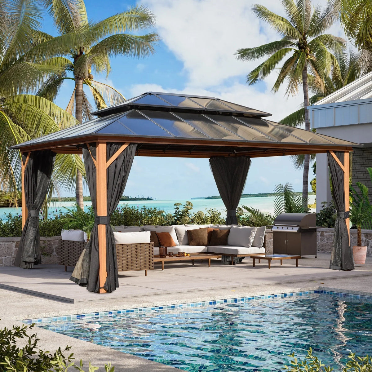 EROMMY Hardtop Gazebo,Outdoor Pergola with Double Roof & Netting & Curtains,Heavy Duty Canopy for Patio, Backyard, Pool party