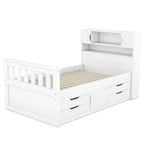 Lit plateforme de capitaine Twin/Full avec 4 tiroirs et étagères de rangement, structure en bois massif avec tête de lit bibliothèque et rangements