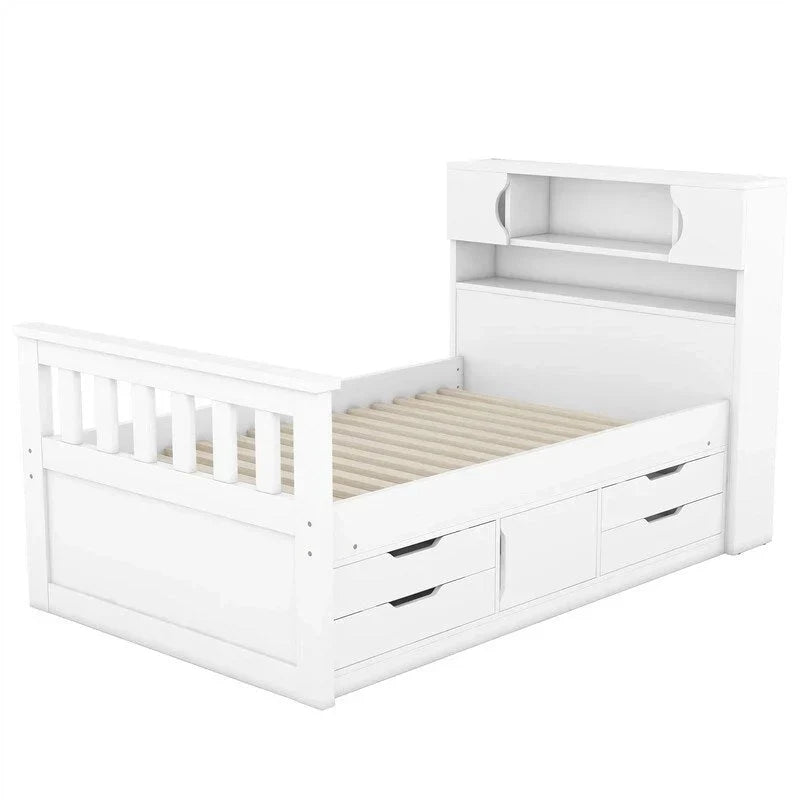 Lit plateforme de capitaine Twin/Full avec 4 tiroirs et étagères de rangement, structure en bois massif avec tête de lit bibliothèque et rangements